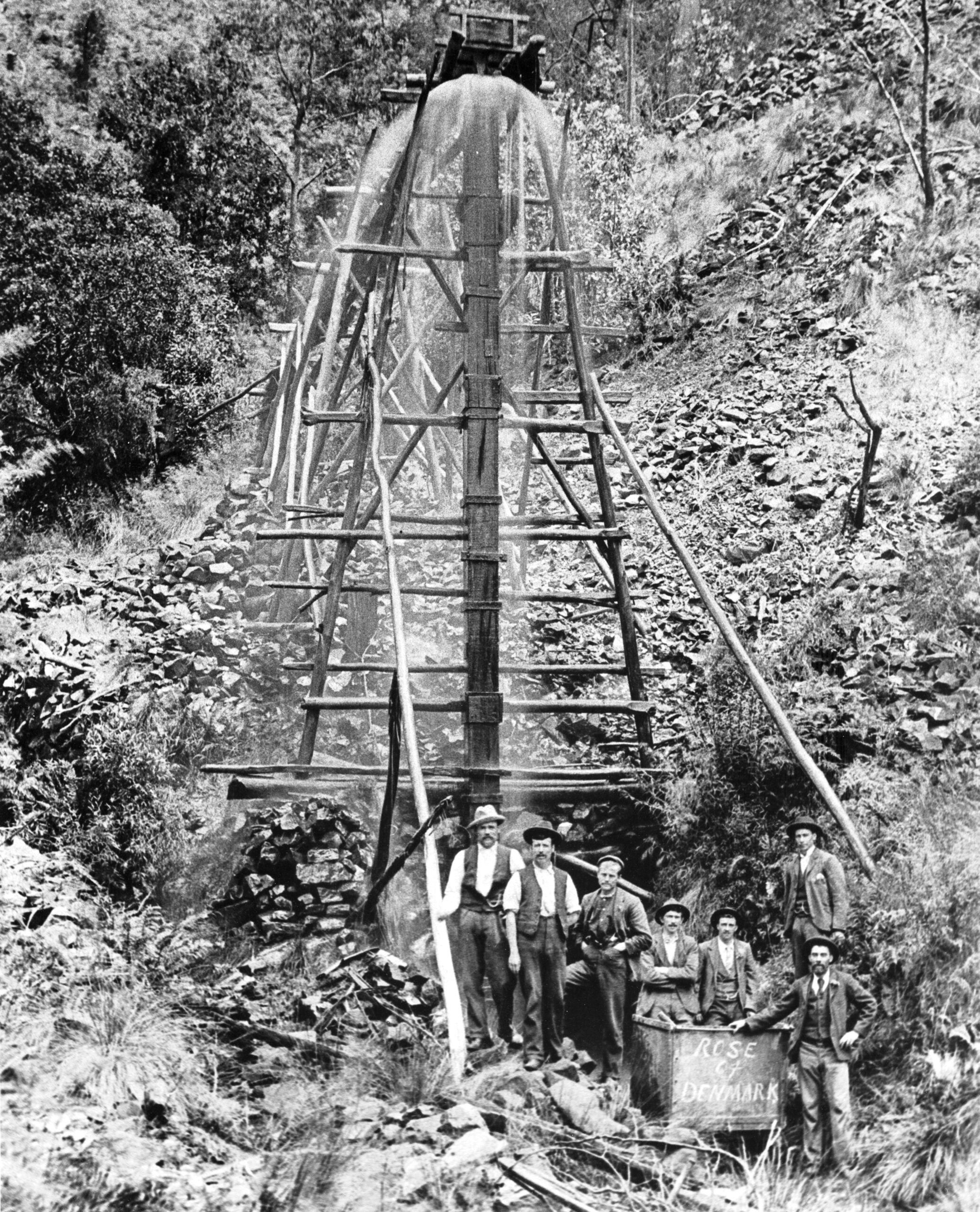 View of miners at the Rose of Denmark Mine, Gaffneys Creek. High