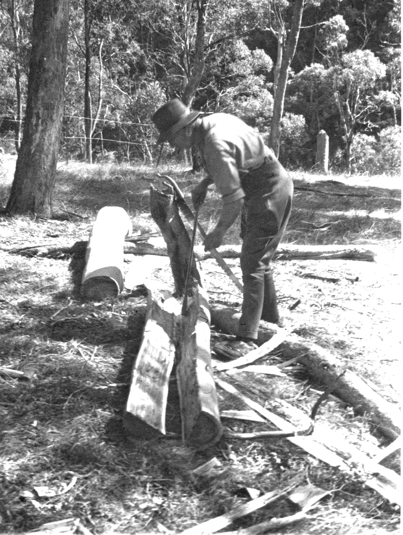 Fred Fry, 1951. Splitting wood for 4 Mile Hut Four Mile Flat High