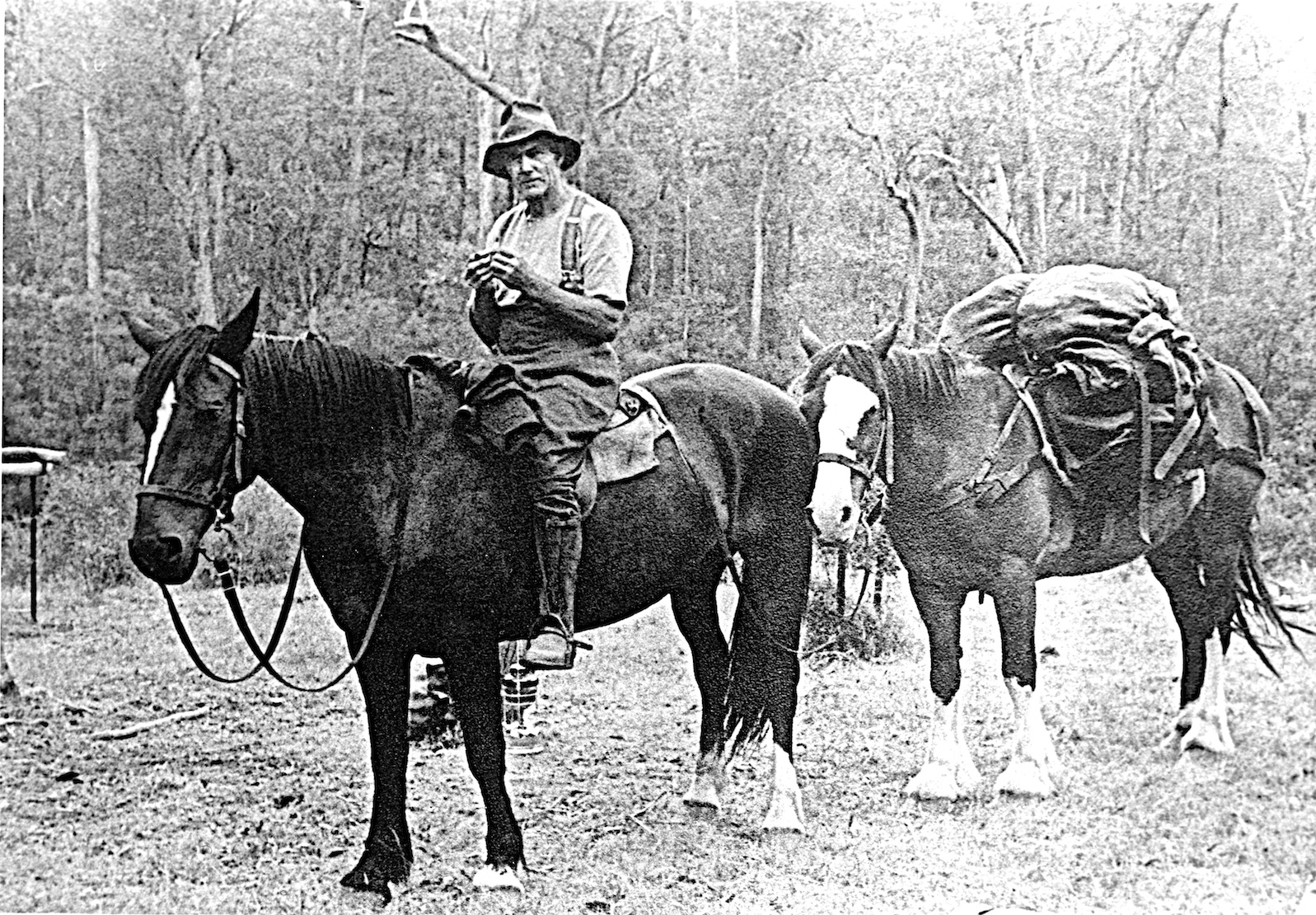 Fred Fry riding Dolly, and leading Mick with the pack, at the Four Mile